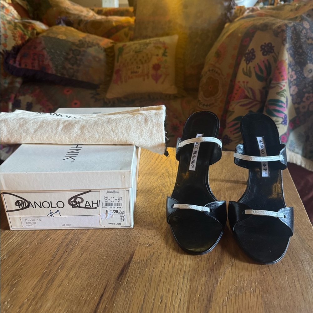 Manolo Blahnik Black and White Strappy Slide Sandals
